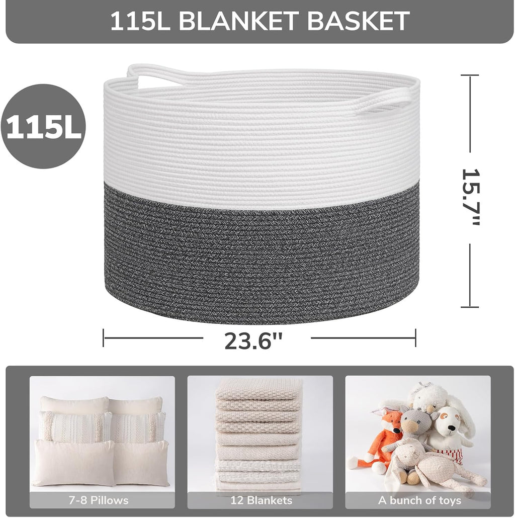 INDRESSME 115L Extra Large Woven Rope Blanket Basket Living Room