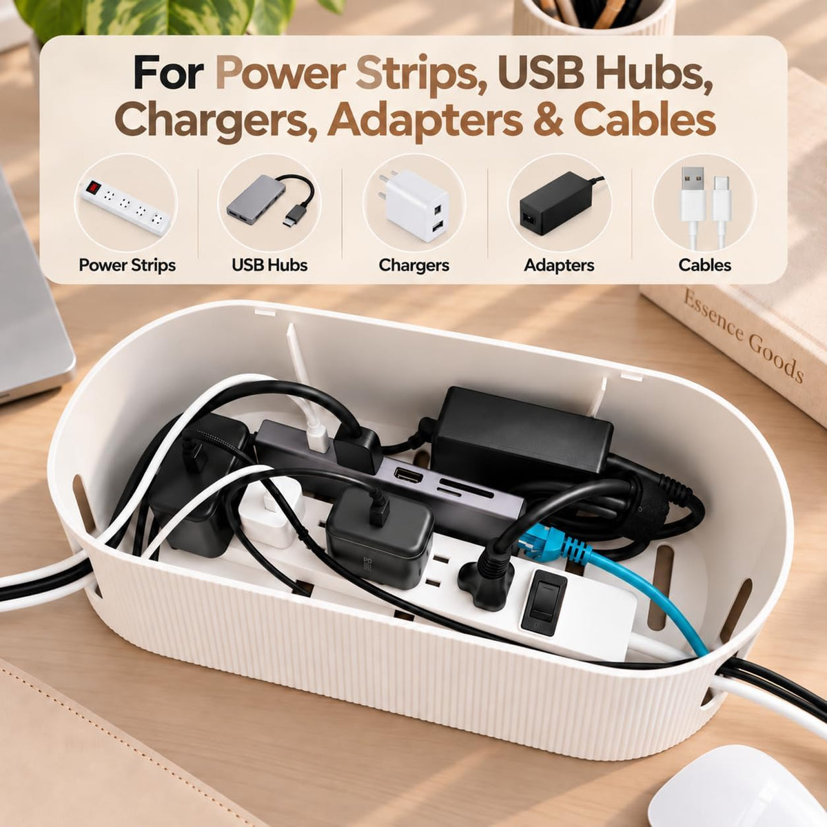Cable Management Box, Desk Cord Organizer, Power Strip Holder, Floor Outlet Hider, Cable Organizer Box, Cord Organizer box, Electrical Cord Management, For Cover TV Wires, USB Hub Holder
