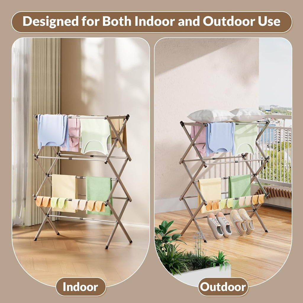 Collapsible Floor Drying Rack - Free Standing Accordion Laundry Dryer, Retractable Metal Clothes Hanger with Shoe Storage, Heavy Duty Rustproof Airer for Bathroom, Balcony & Rv