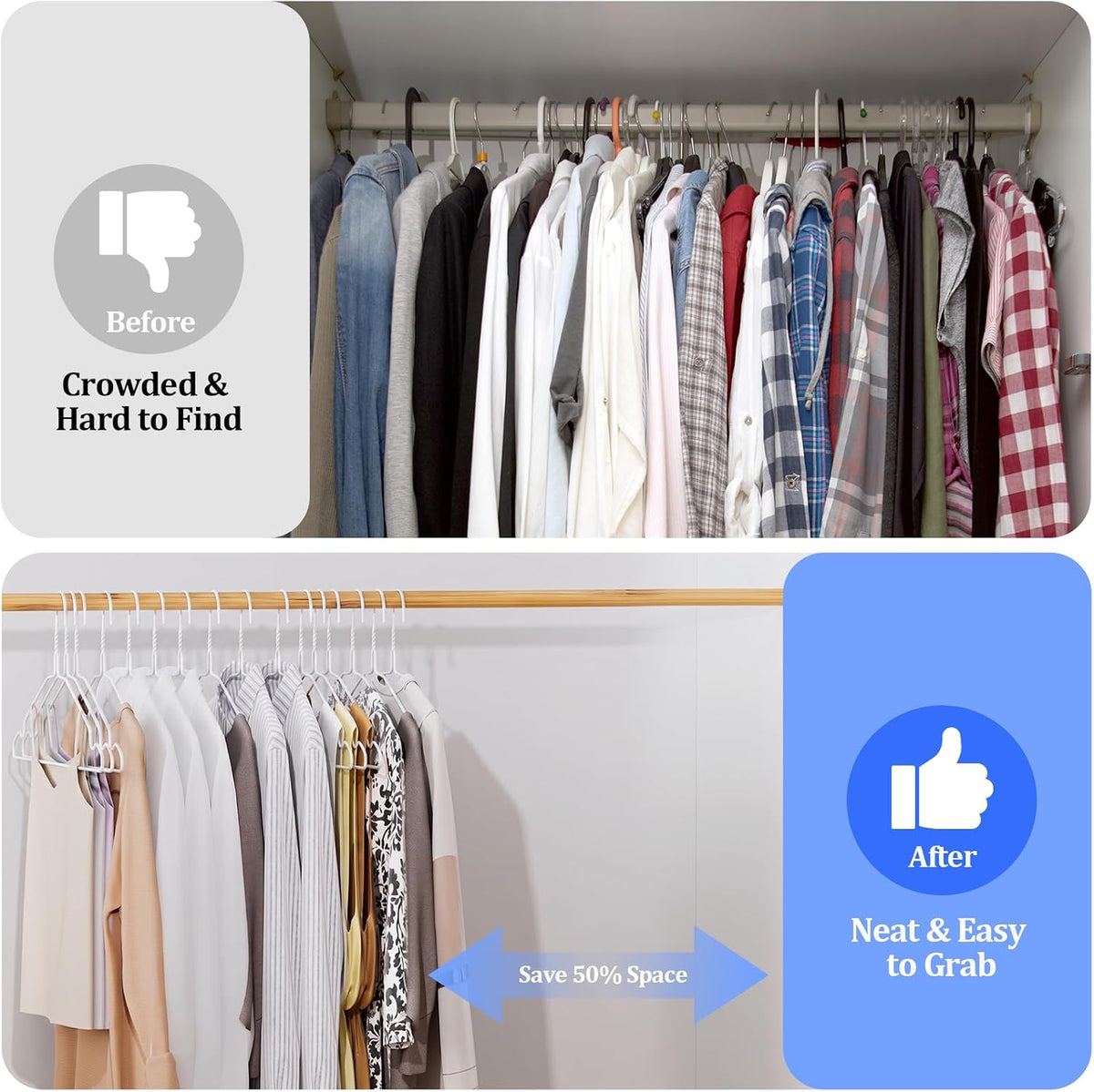 Space Saving Metal Wire Clothes Hangers, 50 Pack, 17 Inch, White