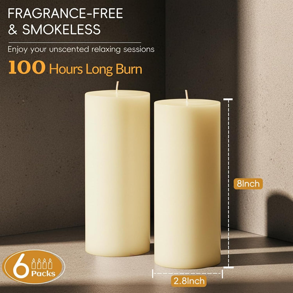 Pillar Candles Ivory 6 Pack, 2.8x8 Inch Unscented Candle