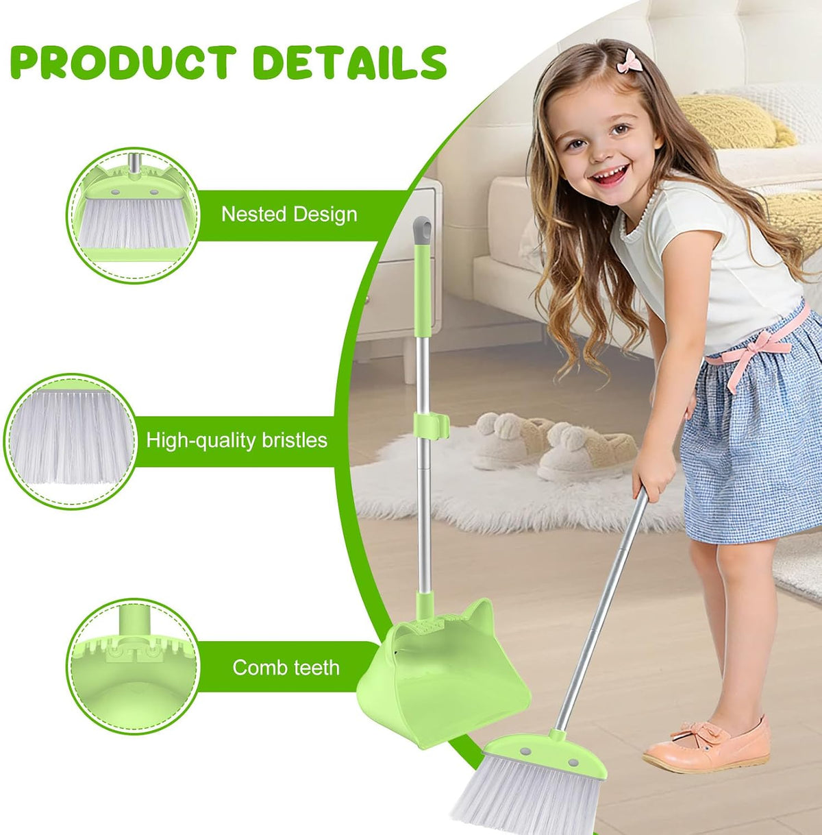 Mini Broom with Dustpan for Kids, 28-in Handle Kids Broom and Dustpan Set for Toddlers Cat-Shaped Children Cleaning Set Boys Girls Small Housekeeping Helper Set, Green