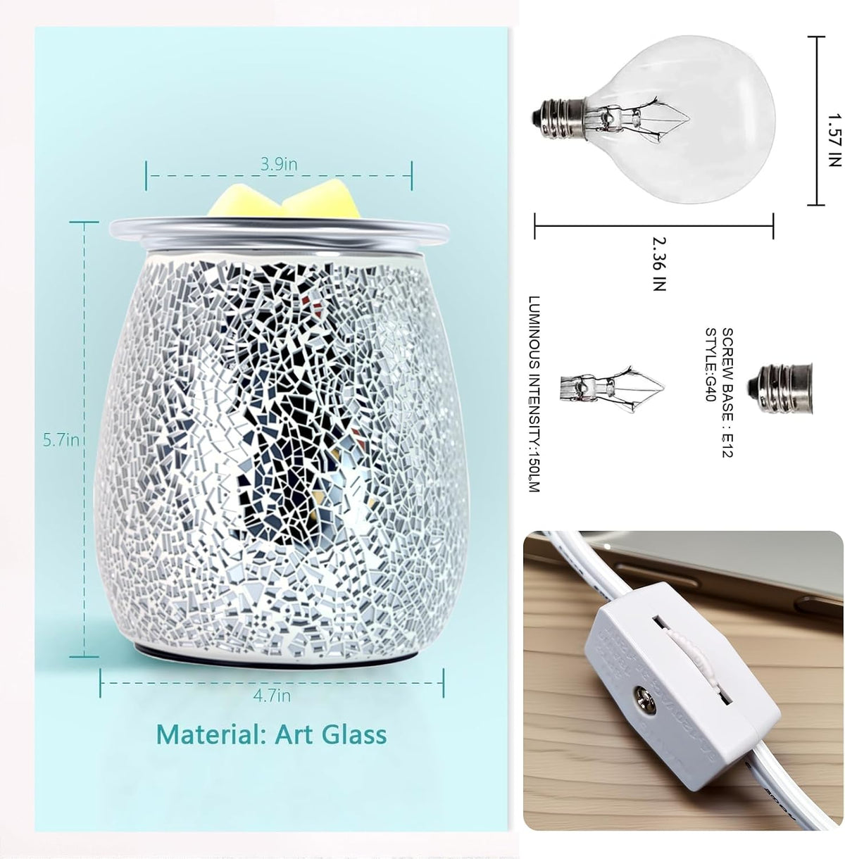 Electric Wax Warmer,Electric Wax Melt Warmer，Ice Crack Glass Pattern for Home Office Gifts & Decor (Cracked Glass)