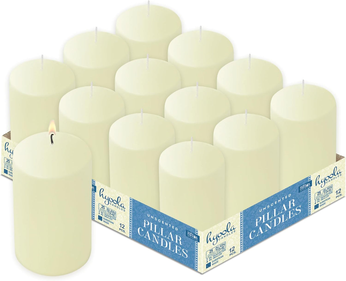 HYOOLA Ivory Pillar Candles 2x4 Inch - 12 Pack Unscented Bulk Pillar Candles - European Made
