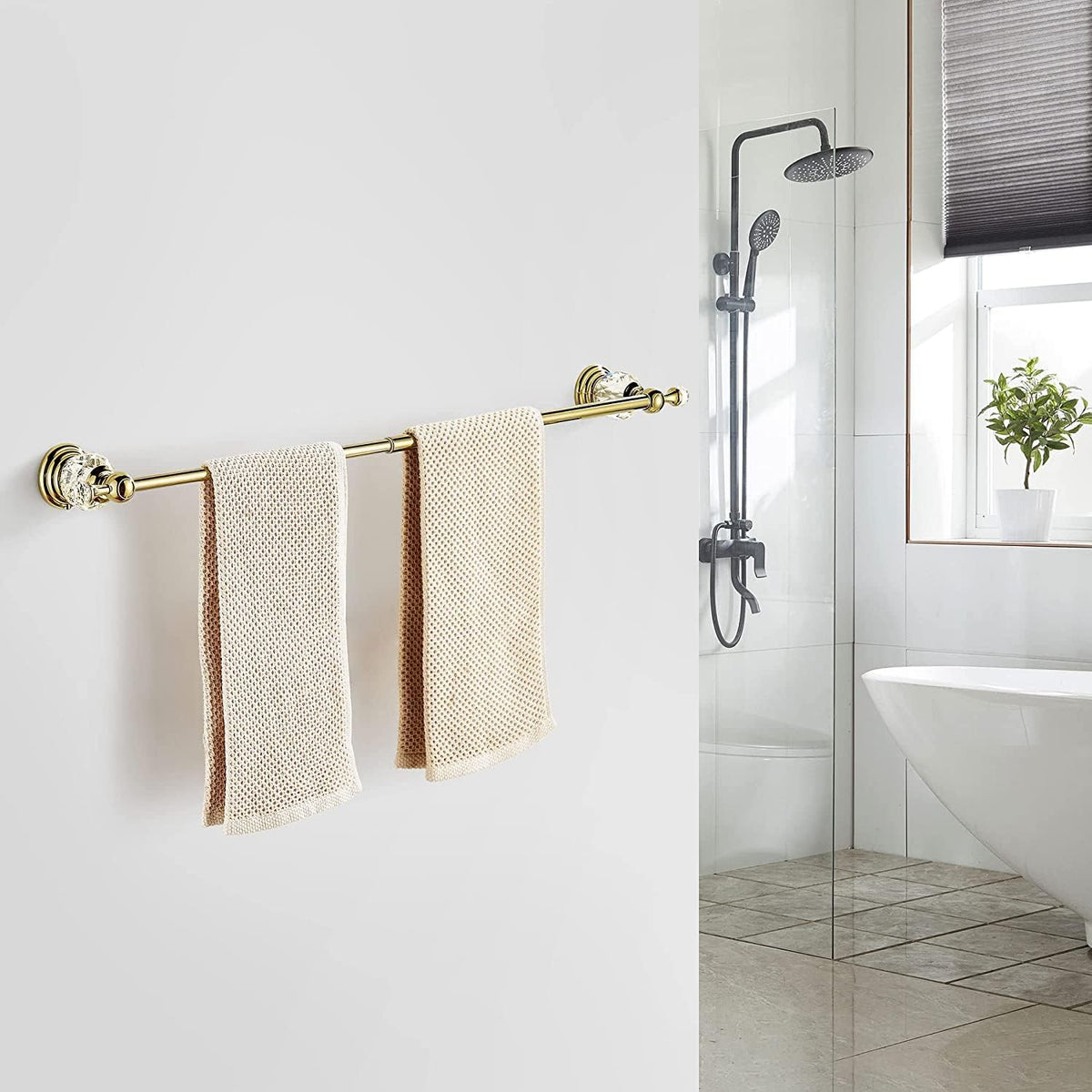 WINCASE Gold Towel Bar, Adjustable Crystal Towel Holder, Golden Finished Bathroom Single Towel Racks Rail Wall Mounted