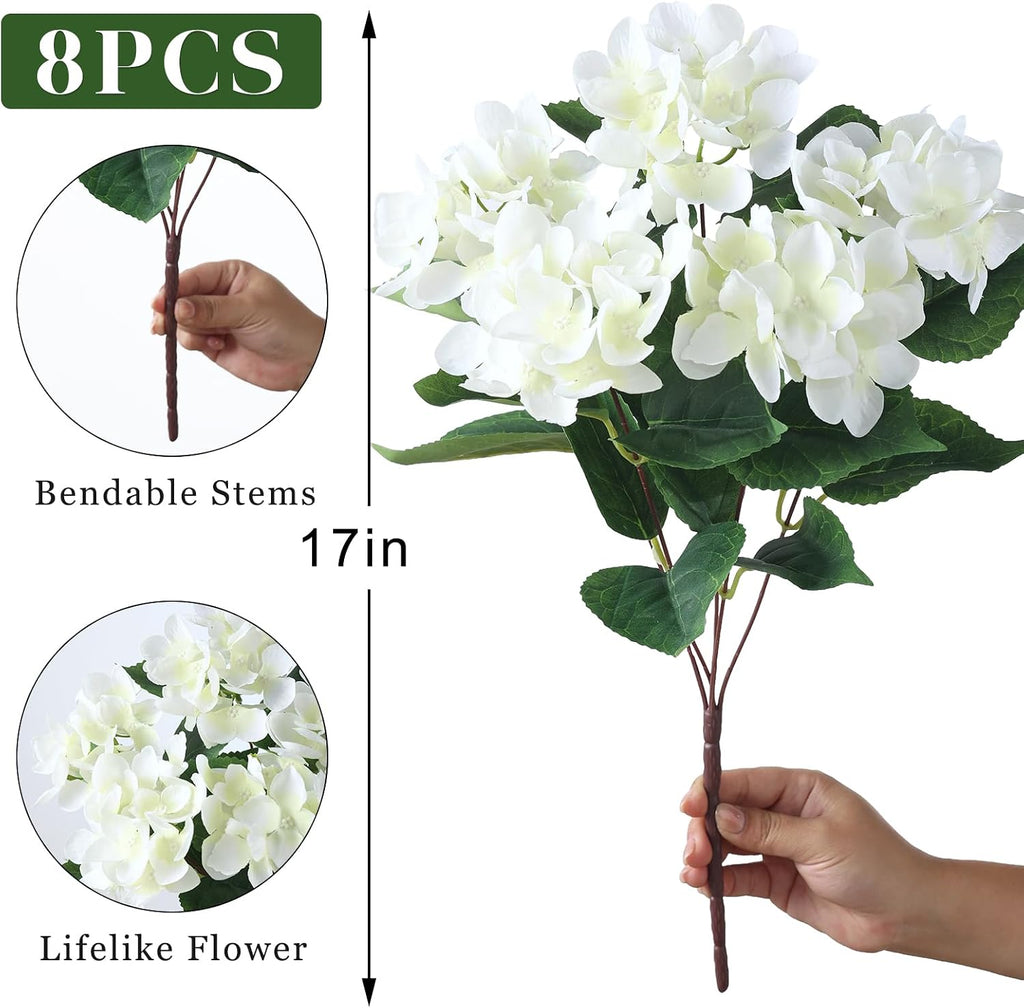 8 Bundles 17" Artificial Hydrangea Flower Branches for Porch (White)