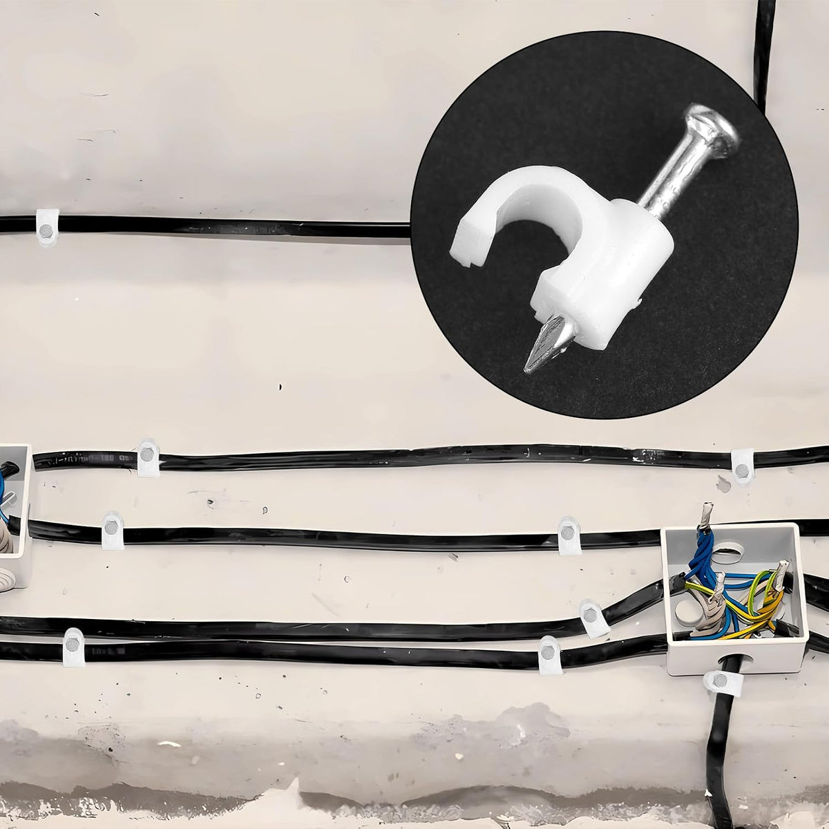 100 Pack Cable Clips with Steel Nails, 4mm White Round Wire Clips, Ethernet Coaxial Cable Clip Cord Clip for Wires on Wall Cables Management Organizer(Compatible with Wire Diameter ≤4mm)