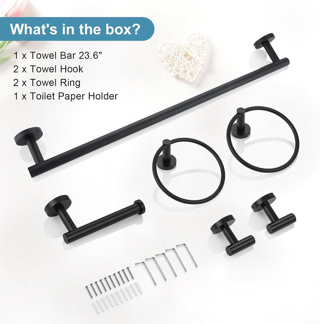 TQKAG Matte Black Bathroom Hardware Set, 6-Piece Towel Bar Set 23.6 Inch