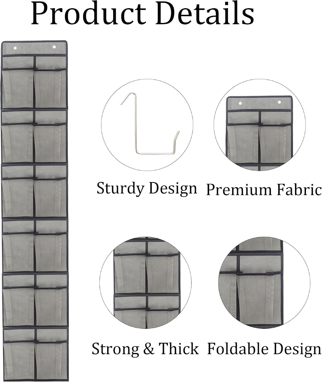 Gray Over Door Shoe Organizer, 12 Large Pockets Hanging Storage for Closet Organization, Space Saving Shoe Rack and Accessory Holder