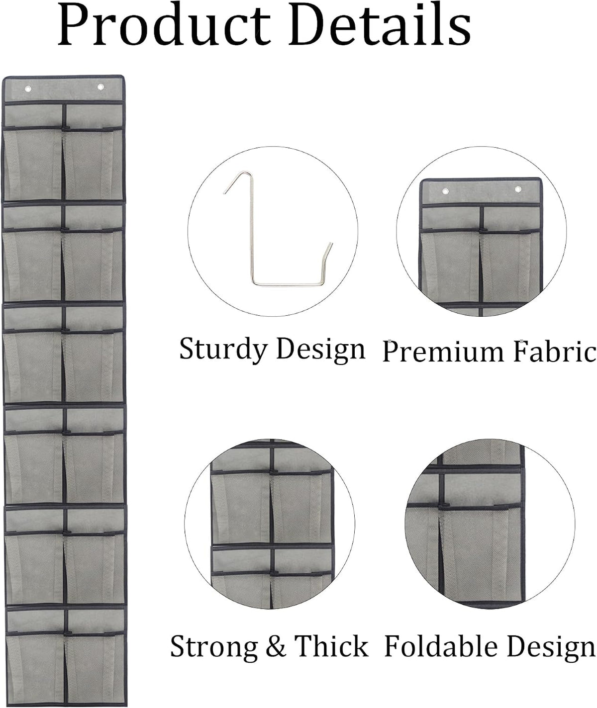 Gray Over Door Shoe Organizer, 12 Large Pockets Hanging Storage for Closet Organization, Space Saving Shoe Rack and Accessory Holder