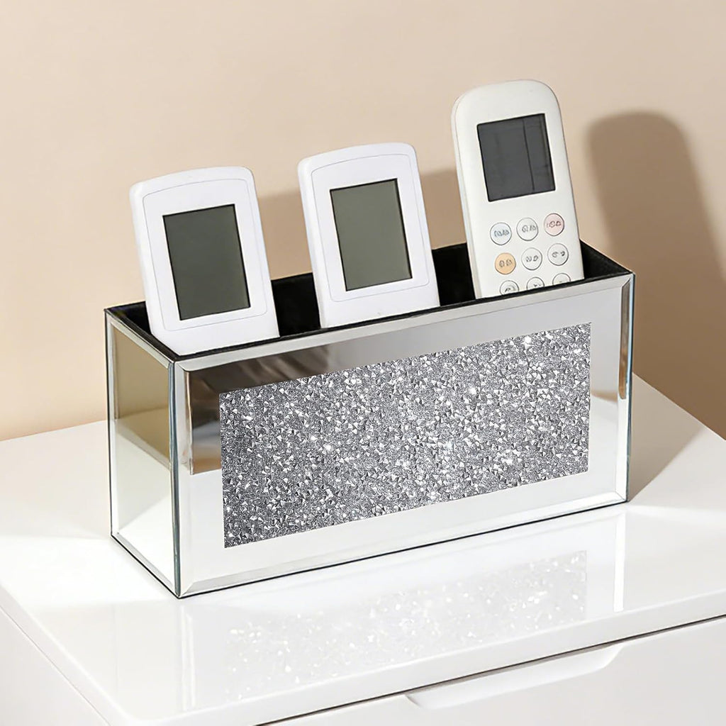 Mirrored Remote Control Holder - Remote Holder Wall Mount with Sparkling Crush Diamond for Living Room & Bedroom, Phone TV Remote Organizer Storage Décor, Silver
