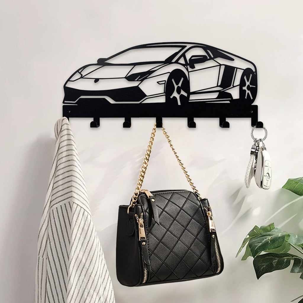 Metal Car Key Holder for Wall,Metal Key Organizer Wall Decorative with 7 Hooks,Black Wall Mount Key Holder for Entryway,Front Door,Hallway,Office