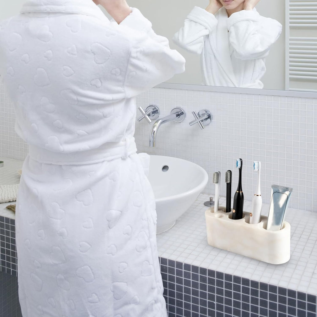 BCS Toothbrush Holder for Bathrooms, 6 Slots Open-Bottom Marble Toothbrush and Toothpaste Holder Stand Bathroom Organizer Countertop for Electric Toothbrush, Floss, Razor, Comb - Karibib Ice