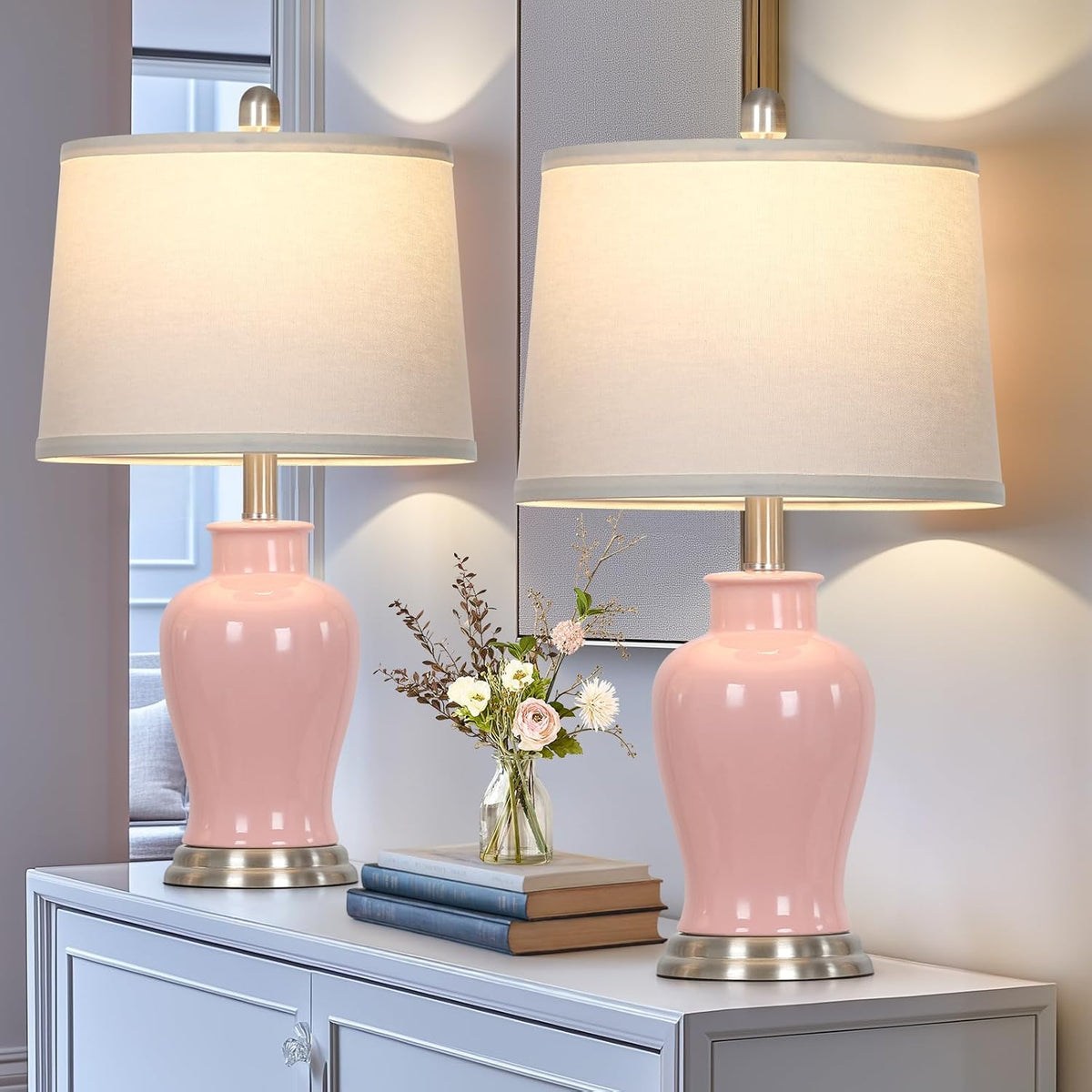 23" Ceramic Table Lamps Set of 2, Modern Ceramic Lamps for Living Room, Cute Bedside Lamps with Ginger Jar Design, Elegant Bedroom Lamps for Nightstand Dining Room Desk Side End Table Home Decor, Pink
