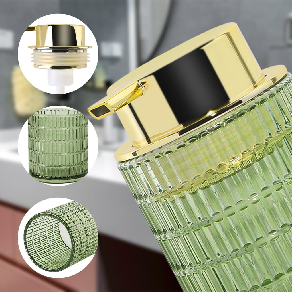 Foam Soap Dispenser, Green Glass Foaming Soap Dispenser, 10 Oz Refillable Hand Soap Dispenser Liquid Lotion Pump Container Ribbed Bottle for Bathroom Countertop Decor