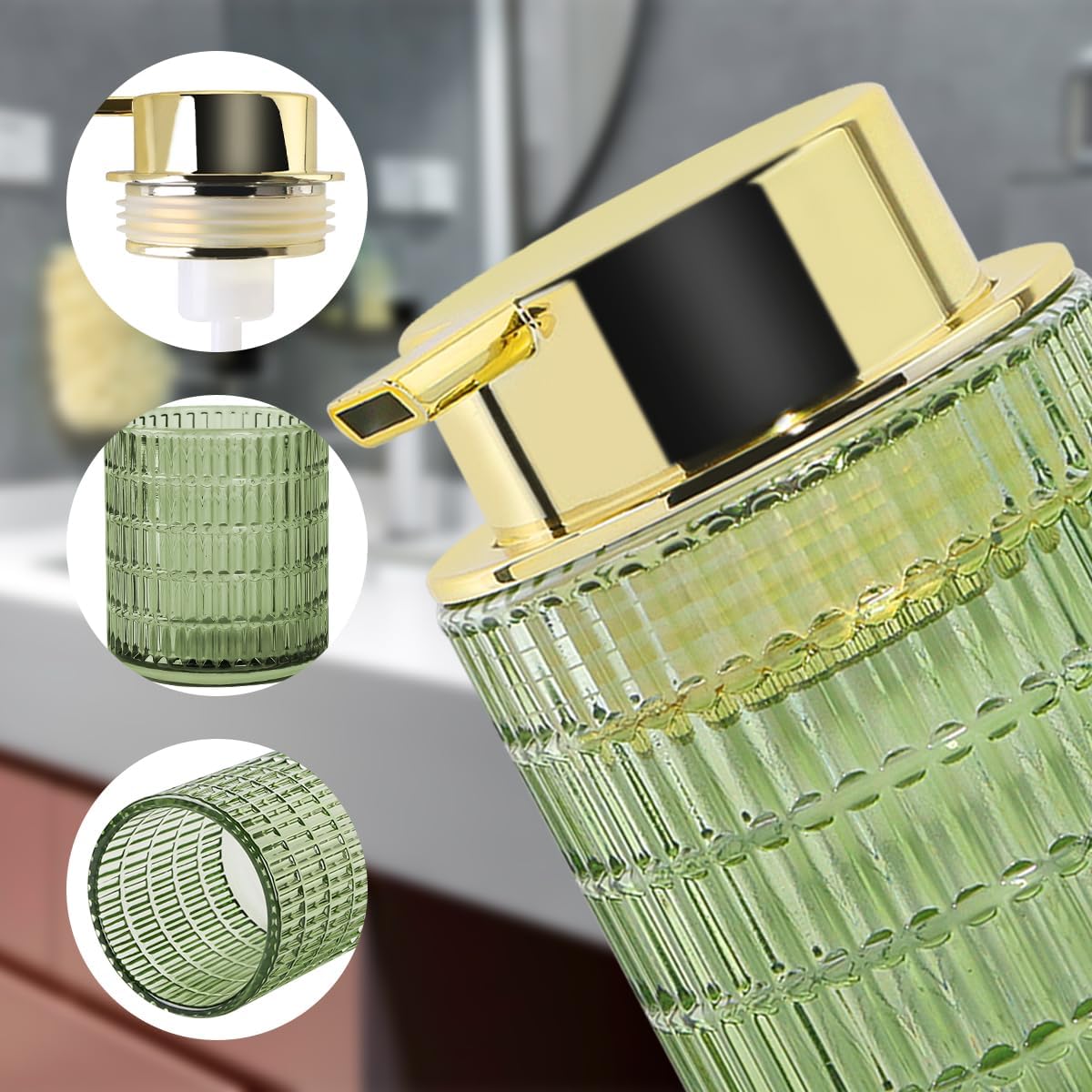 Foam Soap Dispenser, Green Glass Foaming Soap Dispenser, 10 Oz Refillable Hand Soap Dispenser Liquid Lotion Pump Container Ribbed Bottle for Bathroom Countertop Decor