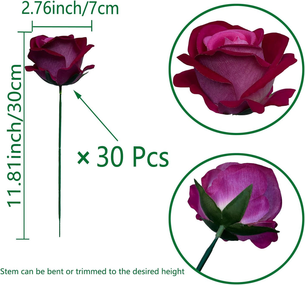 FagusHome 30 Pcs Silk Rose Artificial Flowers Roses Bulk Bouquet Fake Flowers Rose Heads with Stems for Home Wedding Decor (Red Pink)