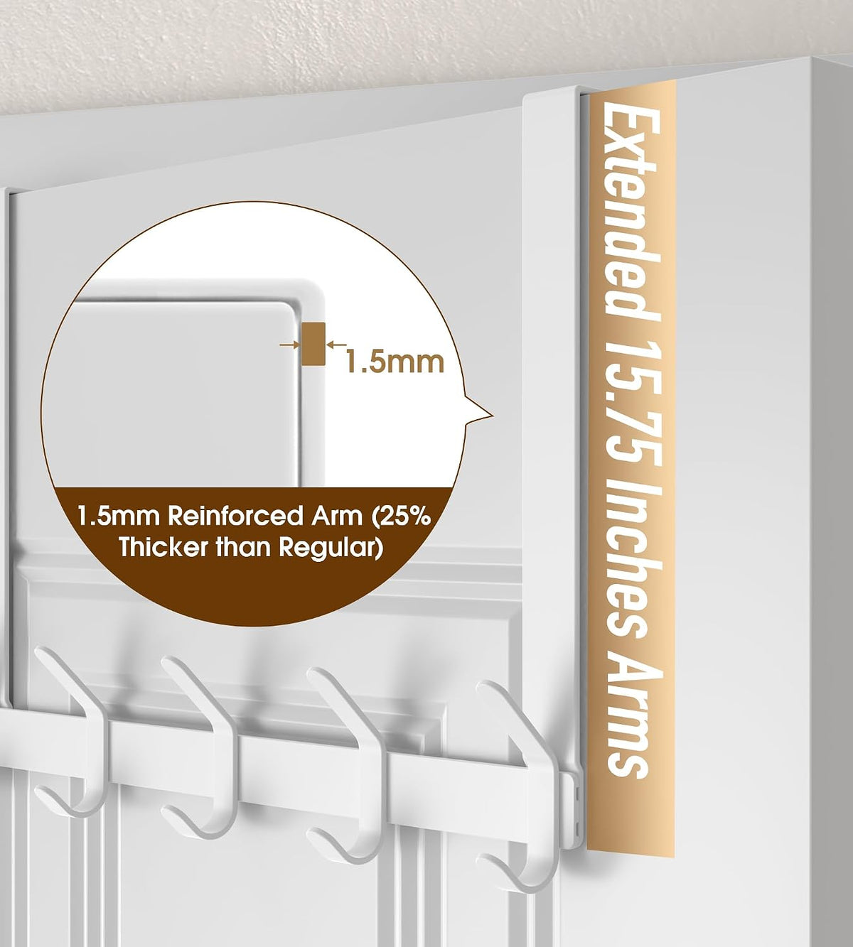 KitchLife Long Over The Door Hooks Hanger with 15.75 inches Extended Arms, Fit 1-3/4" Doors, J40U, Thickened Bathroom Towel Rack Organization, 1 Pack, Glossy White