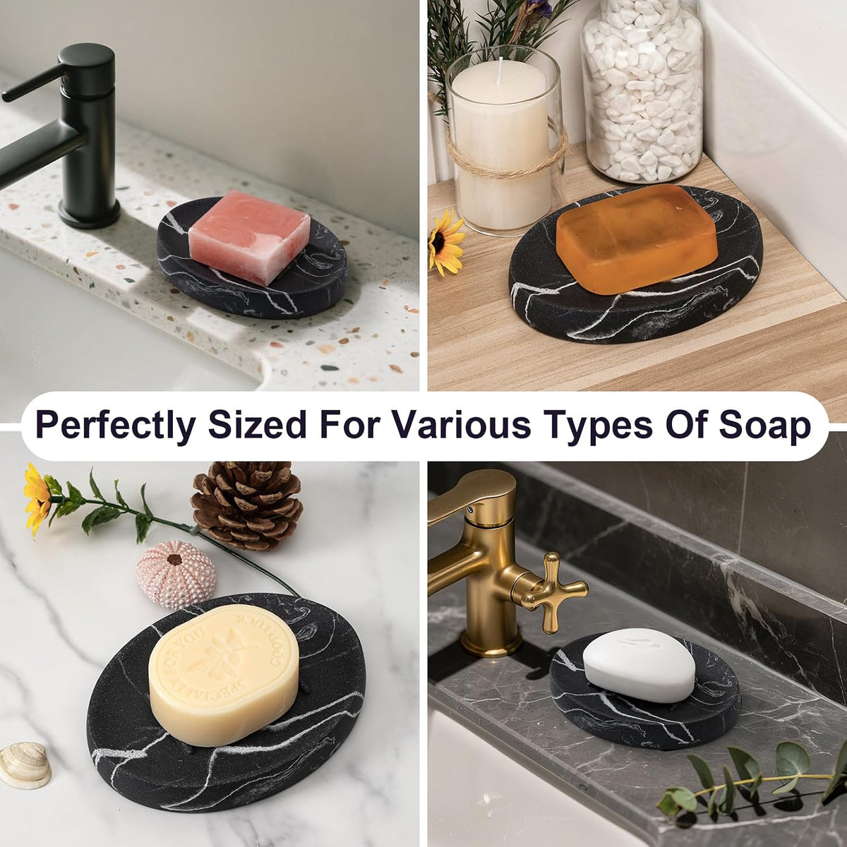 Resin Marble Look Soap Dish 2 Pack Black Bar Soap Holder for Bathroom Shower Soap Tray for Kitchen Sink