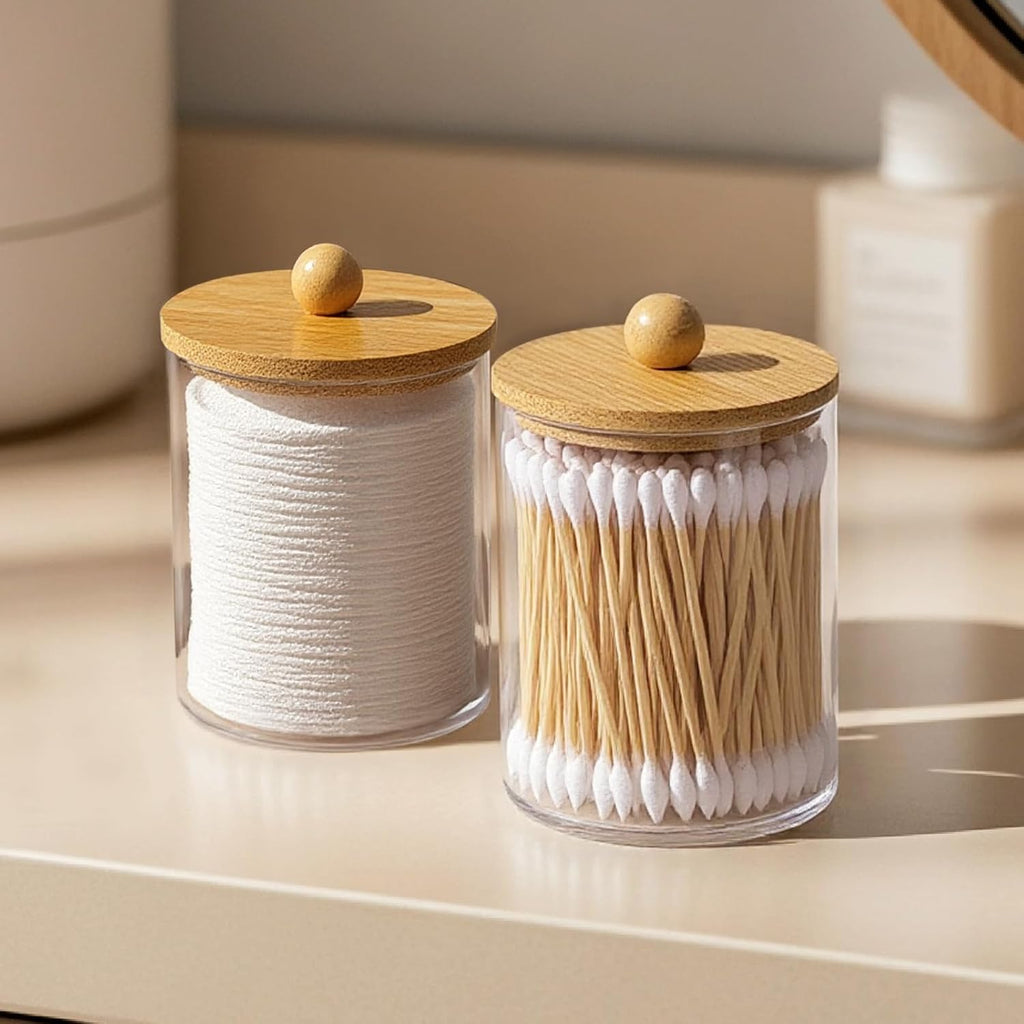 Bathroom Counter Organizer & Qtip Holder - 2-Piece 10oz Clear Plastic Apothecary Jar With Bamboo Lid, Cotton Swab Dispenser For Vanity Stuff, Hair Tie Storage & Boho Accessories