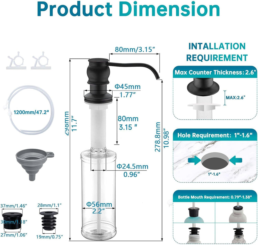 Brass Kitchen Soap Dispenser, Oil Rubbed Bronze in Sink Liquid Dish Soap Dispenser, Under Sink Hand Metal Dispenser Pump, 47.2" Silicone Long Tube for 0.79 "- 1.38" Bottle Mouths
