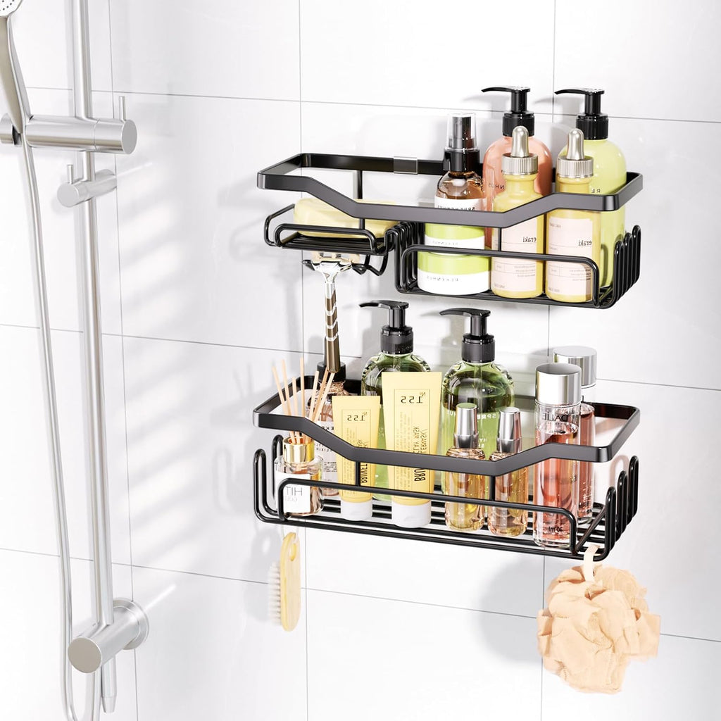 HapiRm Storage Shower Shelves, Shower Caddy organiser with 11 Hooks, Shelf with Razor Holder,Soap Dish,Towel Hook Bathroom Accessories Black,3 Sticker,2 pcs