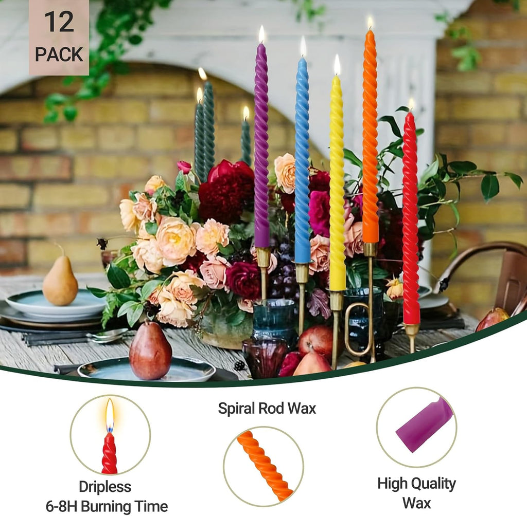 10 Inch Rainbow Spiral Taper Candles for Home Decoration, 12 Pack 6-Color Candlesticks for Dinner Party Wedding Holiday