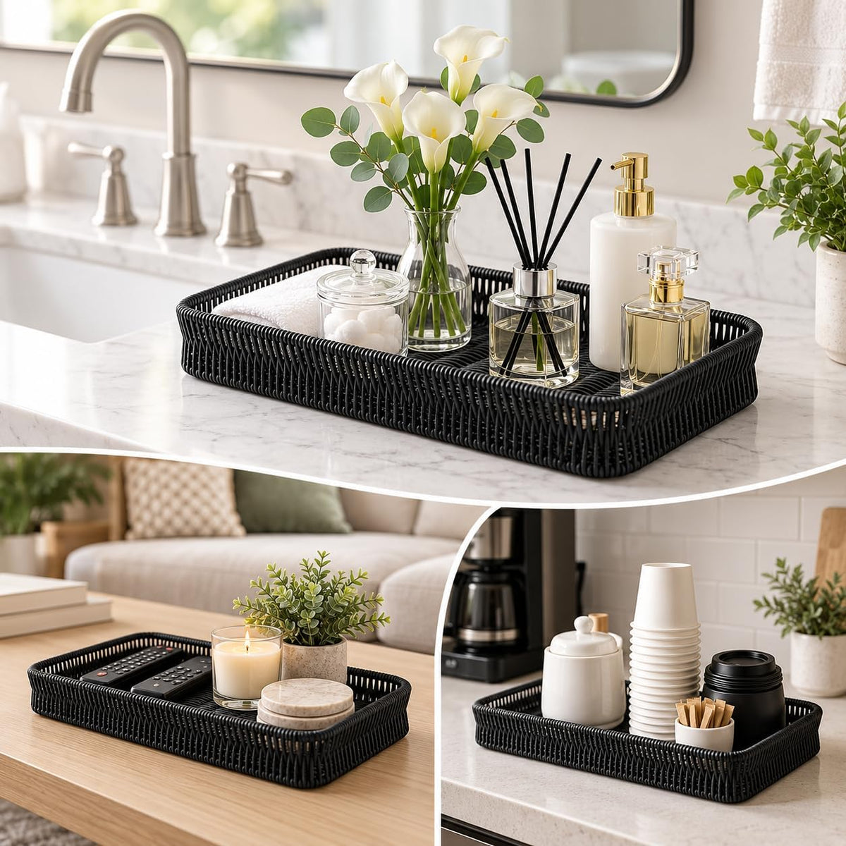 Toilet Paper Basket Organizer, 11” Inch Metal Woven Toilet Tank Basket for Back of Toilet, Bathroom Countertop Storage Tray with Non-Slip Feet for Toilet Paper, Wipes, Toiletries & Essentials, Black