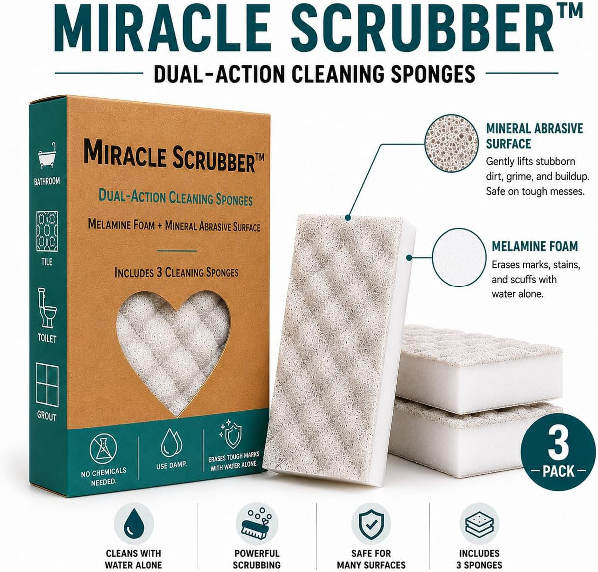 Dual-Action Cleaning Sponge, 3 Pack