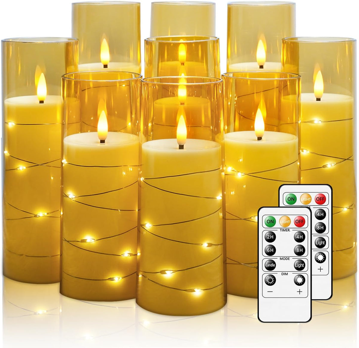 Nimiko Flickering Flameless LED Candles,Battery Operated Candles 9 Pcs with Embedded Star String,Acrylic LED Pillar Candles with Remote,Suitable for Home Decoration to Create an Atmosphere（Gold）