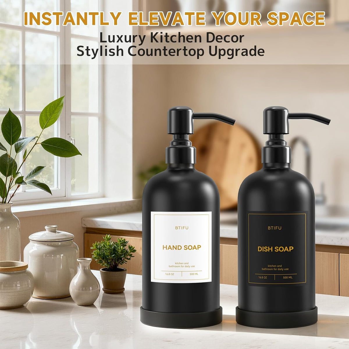 Kitchen Soap Dispenser Set – 16.8oz/500ml Glass Hand and Dish Soap Dispenser with Stainless Steel Pumps & Non-Slip Silicone Base, Luxury Countertop Decor for Home, Airbnb, Vacation Rental (Black)