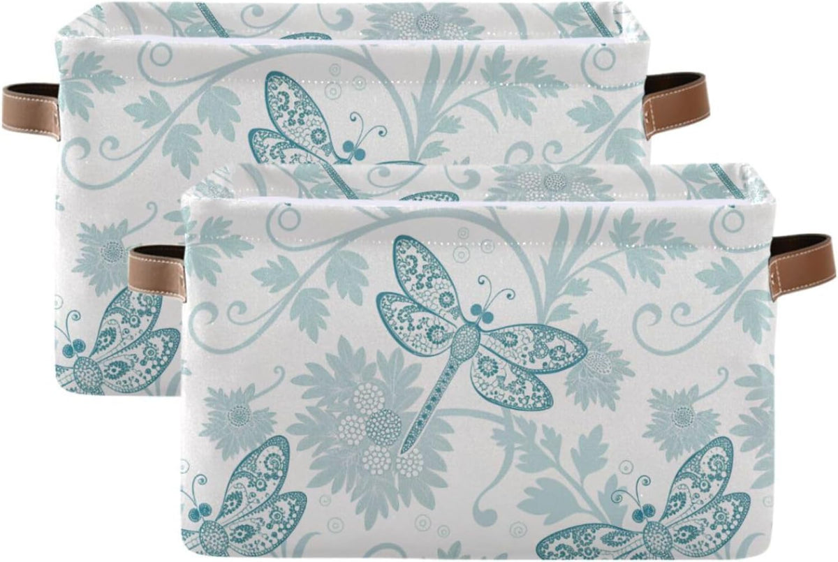 Foldable Storage Baskets Set of 2, Parsley Dragonfly Storage Bins with Handles, Decorative Cloth Organizer Storage Boxes for Home|Office 15 x 11 x 9.5 in