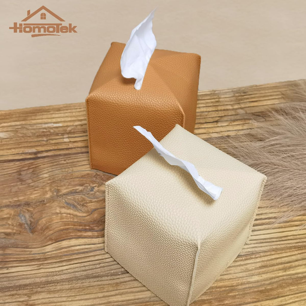 HOMOTEK 2 Pack Tissue Box Cover, Square PU Leather Tissue Holder, Decorative Facial Tissue Cube Paper Organizer Dispenser for Bathroom, Night Stands, Desk, Car 5X5X5'' - Camel, Pebble Grain