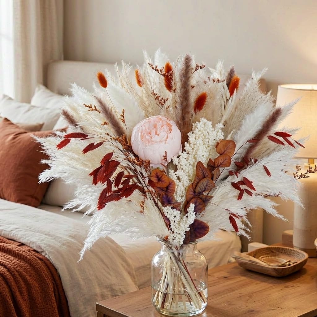 Dried Pampas Grass Bouquet with Faux Peony, Fall Flowers Decor