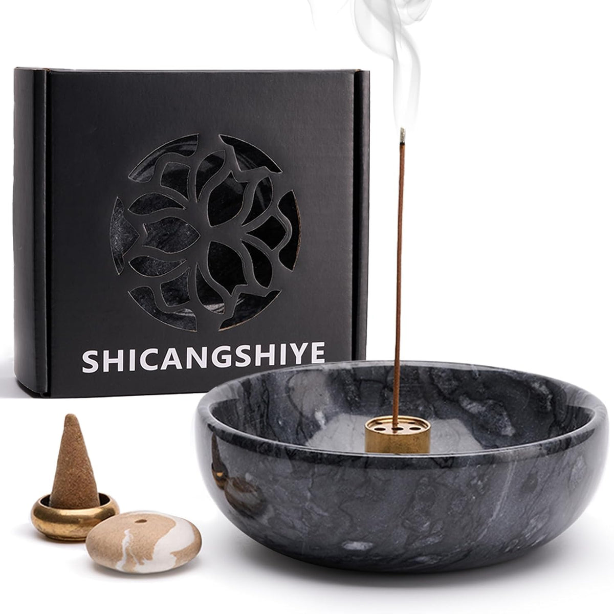 Marble Incense Holder Bowl with Brass Burner – Natural Hand-Polished Stone Incense Burner for Sticks, Cones, Palo Santo & Sage – Ash Catcher for Meditation, Yoga & Home Decor
