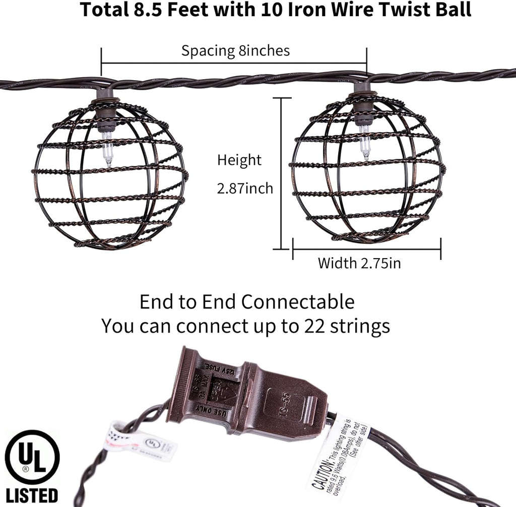 Decorative String Lights Indoor Outdoor, Patio Lantern Style String Lights with 10 Warm White Mini Bulbs, UL Listed Connectable Weatherproof Plug In Lights for Home Decoration(Iron Wire Twist Ball)