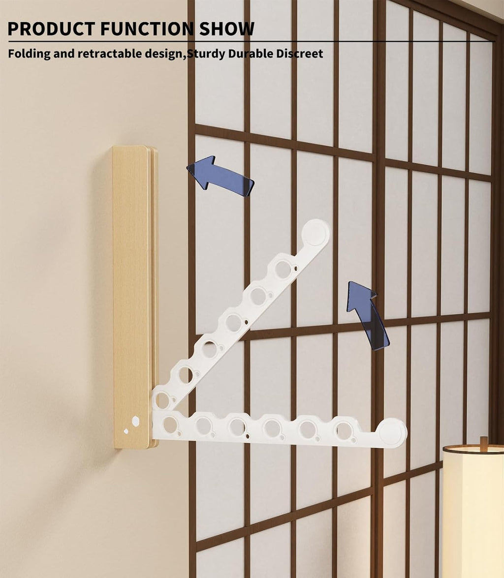 Natural Wood Folding Clothes Hanger Rack for Laundry Room, Wall Mounted Clothes Drying Rack, Laundry Drying Rack Foldable, Perfect for Small Spaces, Beech Wood White
