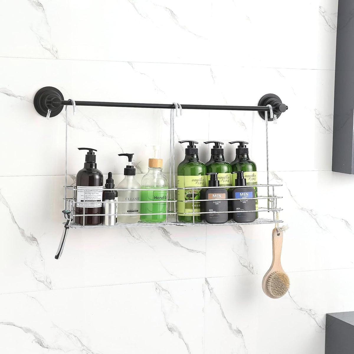 1-Tier Shower Caddy Hanging Shower Rack with Hooks Over Door 2-PK