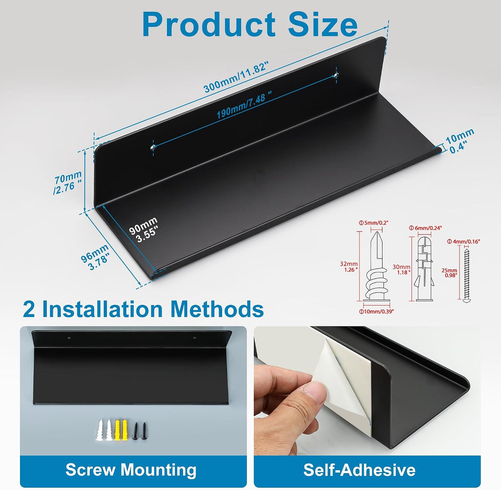 SAYAYO Black Floating Shelves for Wall, 12 Inch Screw or Adhesive Shelves