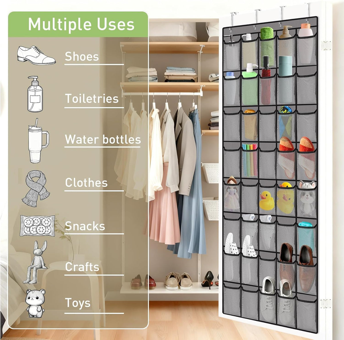 Over Door Shoe Organizer,40 Mesh Pockets with 4 Metal Hooks(Grey)