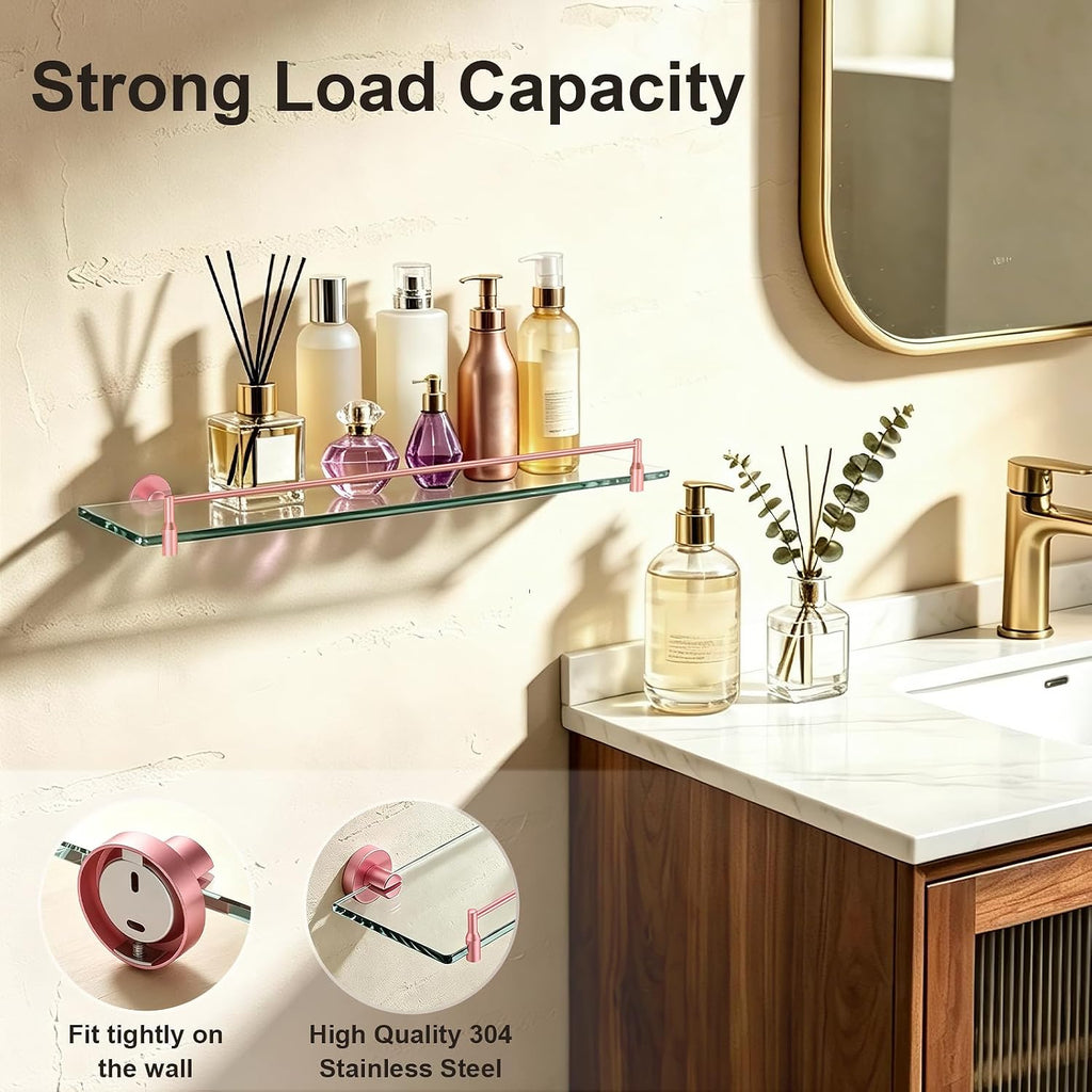 20-Inch Pink Glass Bathroom Shelf with Stainless Steel Railing