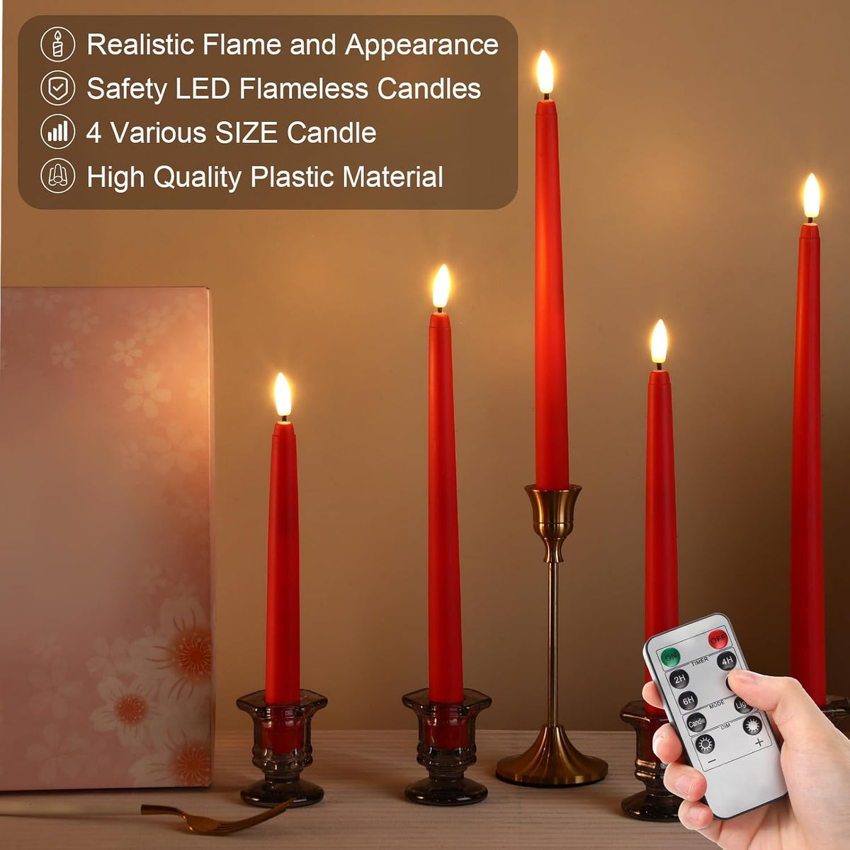 Rossesay 28 Pcs Flameless Taper Candles with Timer Remote, Red