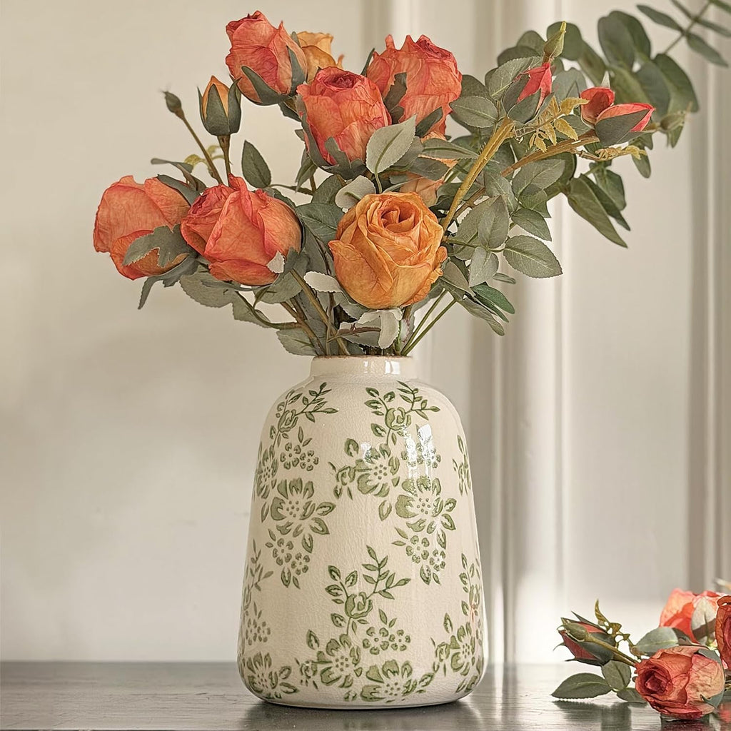 Chinoiserie Green Ceramic Vase Vintage Flower Vase, 7.9in