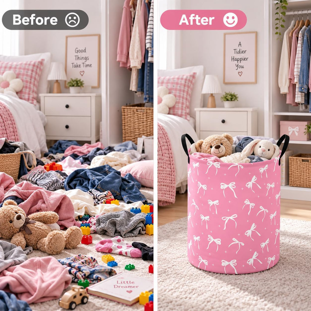 Pink Bow Cute Laundry Basket, Round Laundry Hamper with Handles, Foldable Cotton Linen Storage Bin for Girls Bedroom, Dorm Room, Nursery, Closet, Clothes and Toys