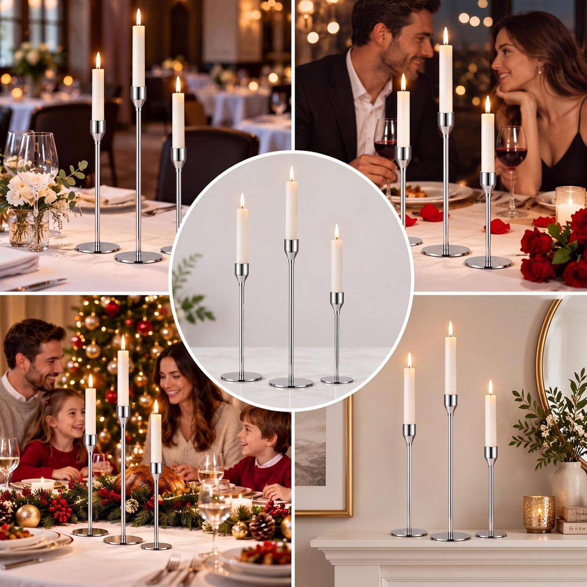 18 Pcs Silver Tall Taper Candle Holders, 3 Sizes, Fits 3/4" Candles
