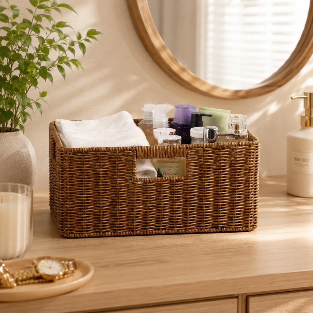 Large Wicker Basket, Waterproof Wicker Storage Basket for Organizing, Brown