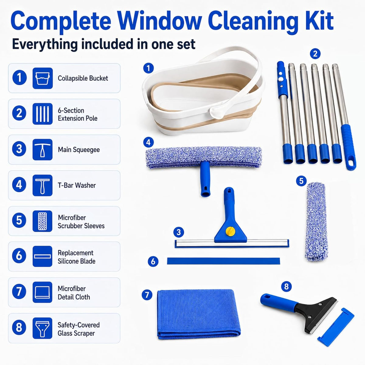 Window Cleaning Kit, 87-Inch Reach, Squeegee, Collapsible Bucket & Scraper