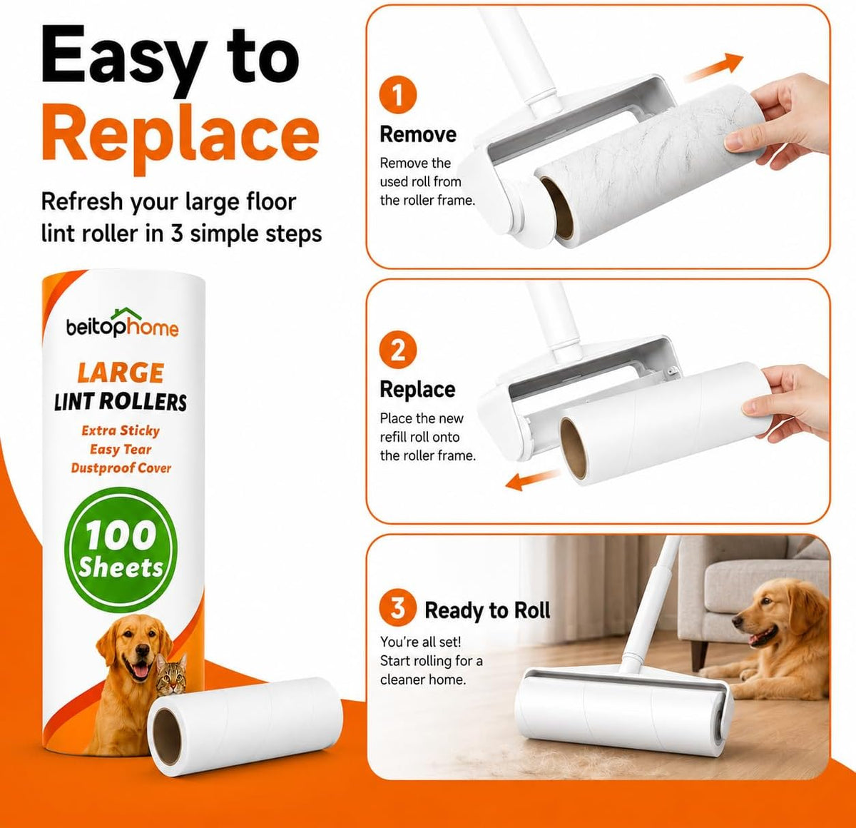 Large Lint Roller Refills, 9.44-Inch Wide, 200 Sheets