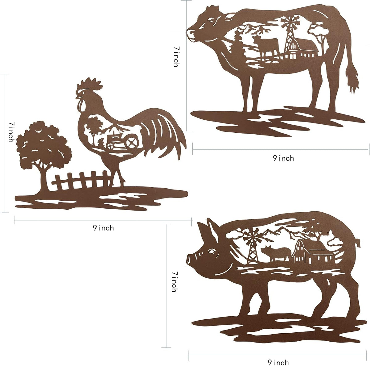 Farm Wall Decor Farmhouse Metal Wall Art Pig Cow Rooster, 9 Inch set of 3