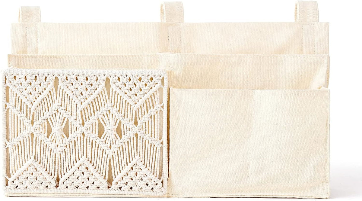 Mkono Bedside Caddy, Macrame Bunk Bed Hanging Organizer, 7 Pockets Ivory